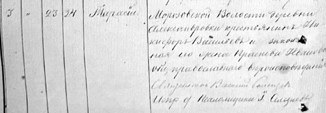 Запись в метрической книге села Ново-Троицкого (Морозова) за 1882 год о рождении Тараса Никифорова.